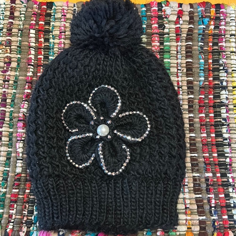 Black Pom Pom Hat with Sparkly Flower Decoration with Pearl Center, Super Cute